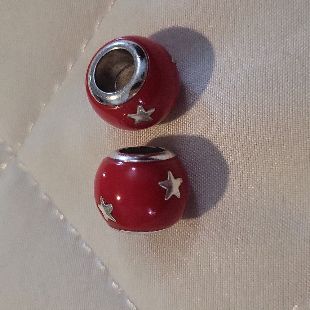 Red Brighton Bead Charms with Silver Stars - Picture 2 of 2